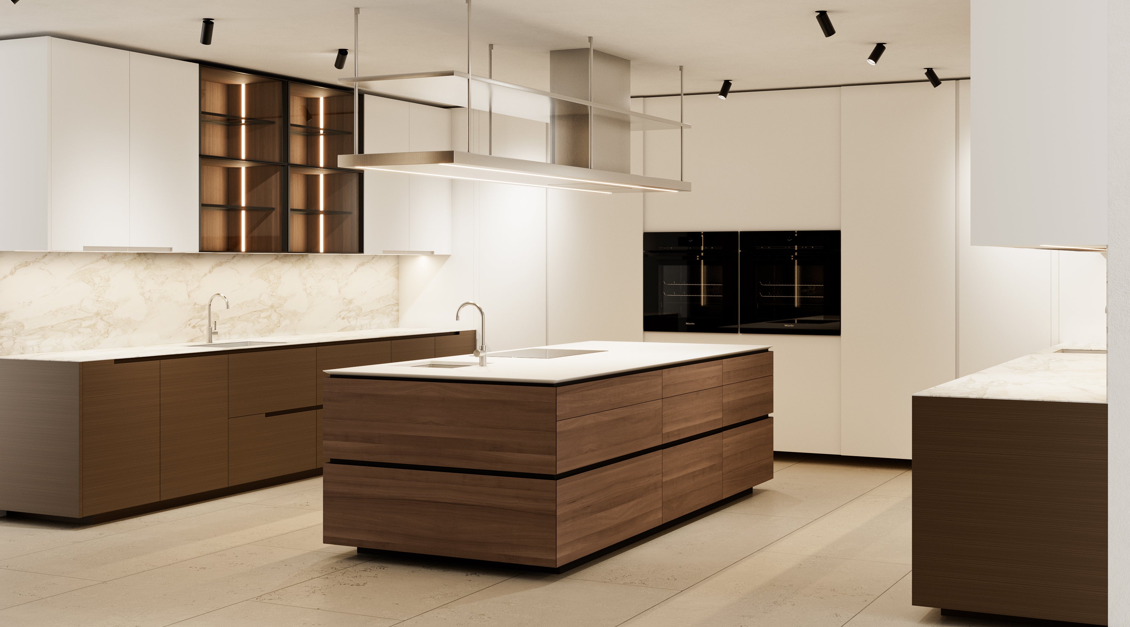 Poliform Phoenix Multi-Tone Modern Kitchen with Artex Island, Stone Countertops and Miele Appliances