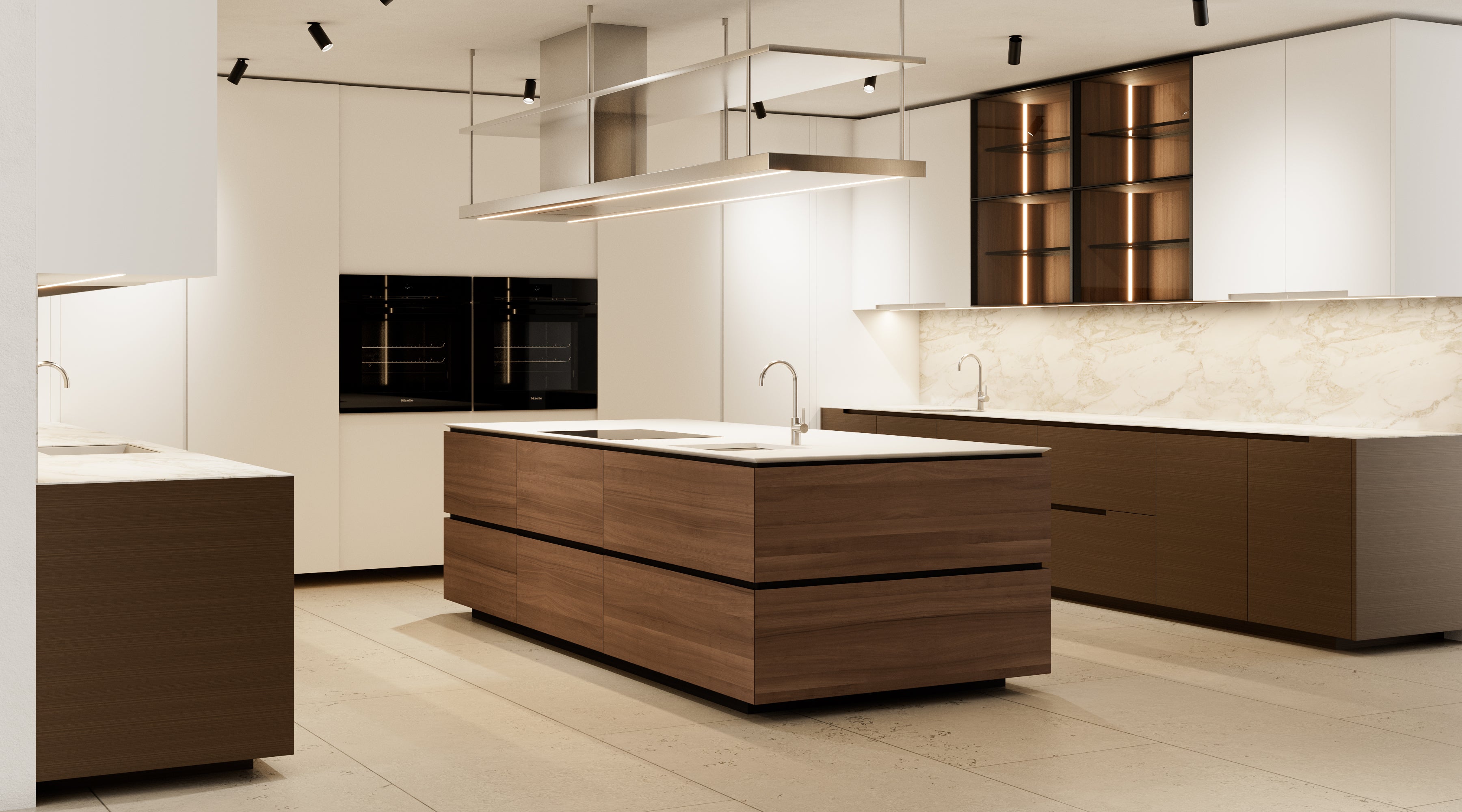 Poliform Phoenix Multi-Tone Modern Kitchen with Artex Island, Stone Countertops and Miele Appliances