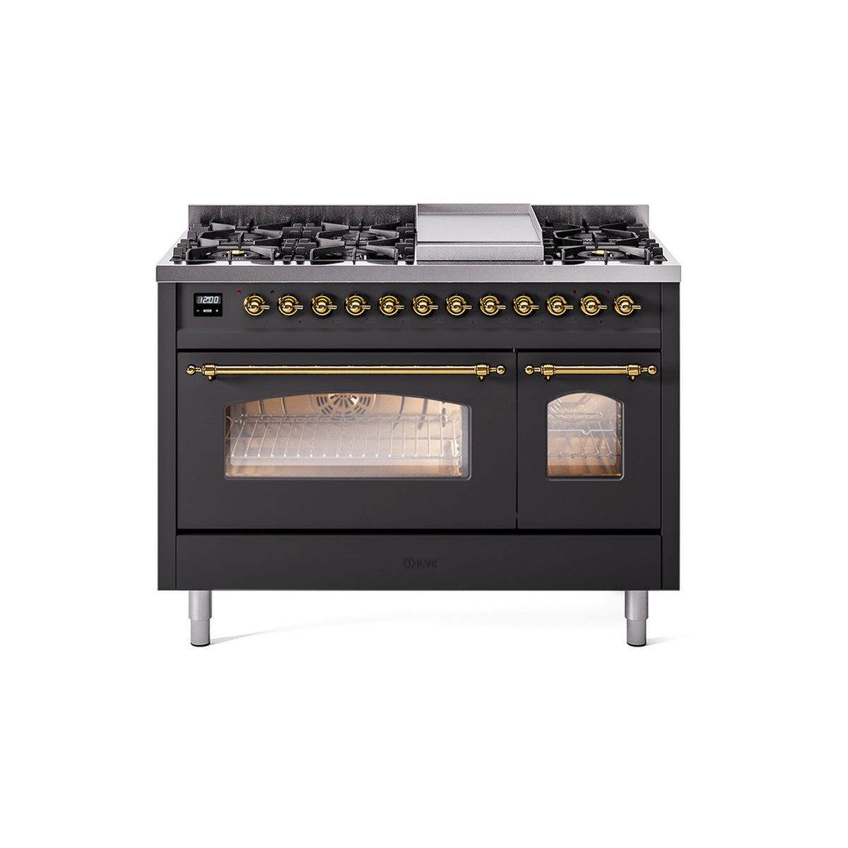 Ilve Nostalgie UP48FNMPMGG 48" Graphite Matte & Brass Dual Fuel Range