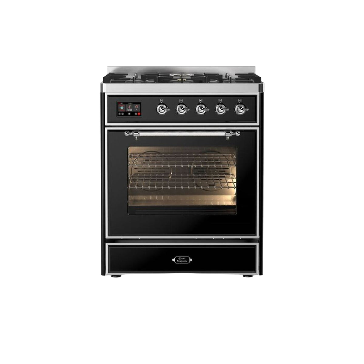 Ilve Majestic UM30DNE3BKC 30" Glossy Black Dual Fuel Range with Chrome Trim