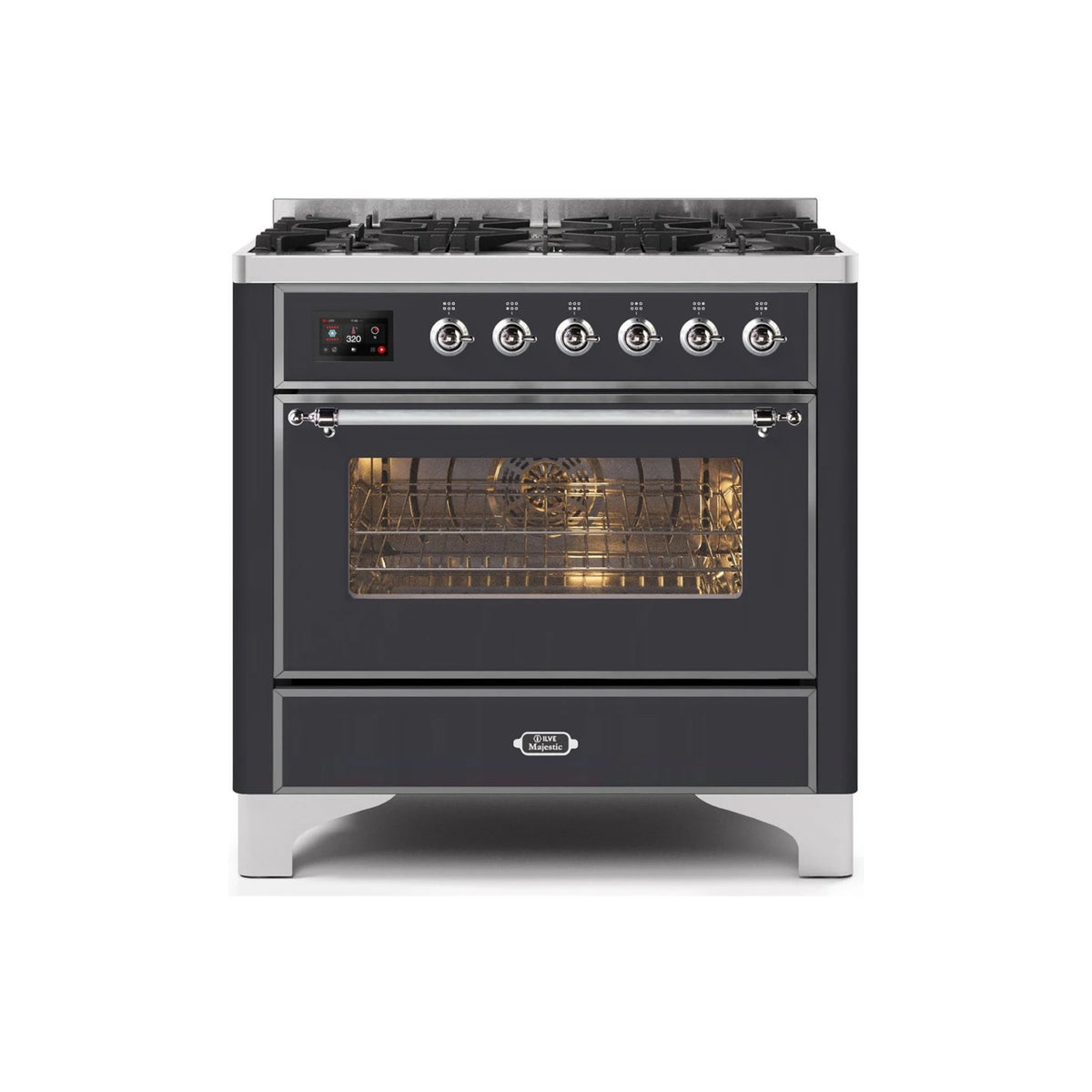 Ilve Majestic UM096DNS3MGC 36" Matte Graphite & Chrome Dual Fuel Range