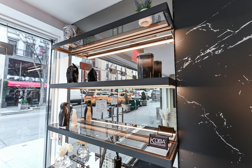 DOCA Modern Light Gold & Black Kitchen Wall Display with Neolith Countertops