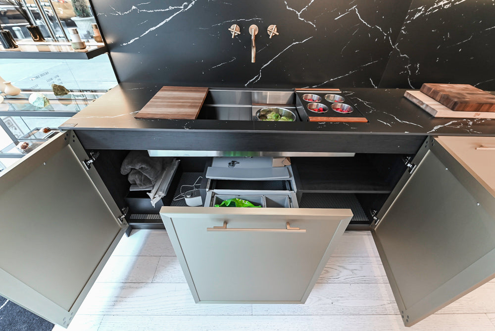 DOCA Modern Light Gold & Black Kitchen Wall Display with Neolith Countertops