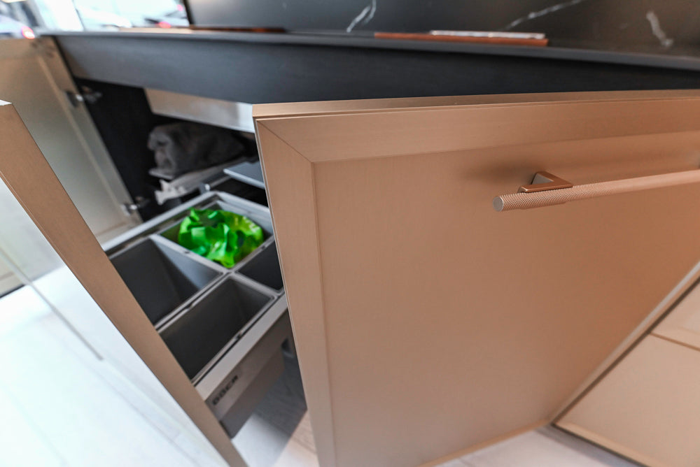 DOCA Modern Light Gold & Black Kitchen Wall Display with Neolith Countertops