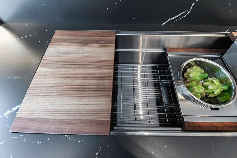 DOCA Modern Light Gold & Black Kitchen Wall Display with Neolith Countertops