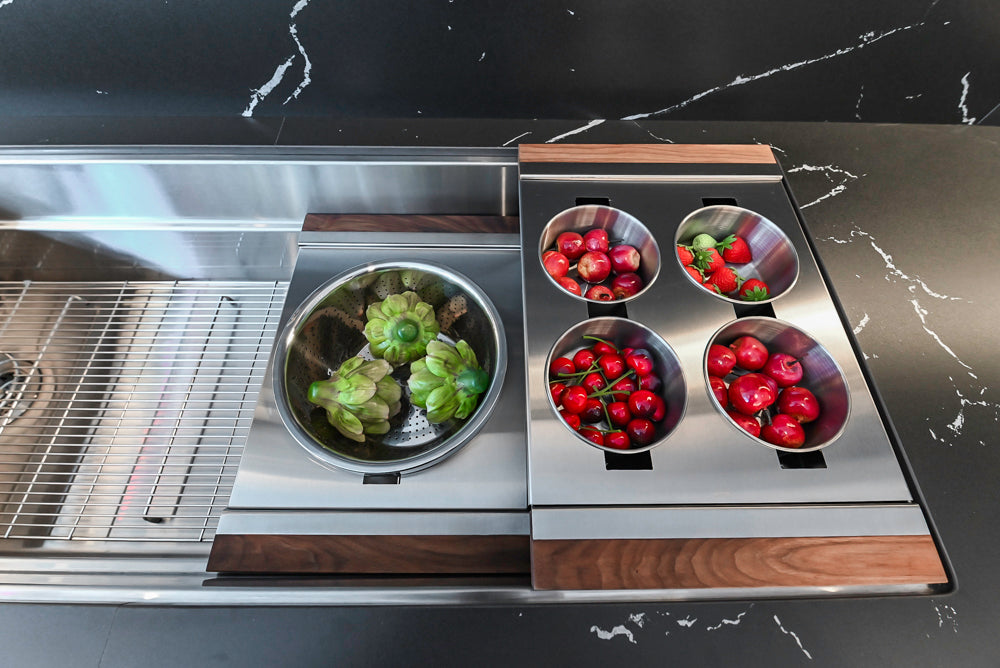 DOCA Modern Light Gold & Black Kitchen Wall Display with Neolith Countertops