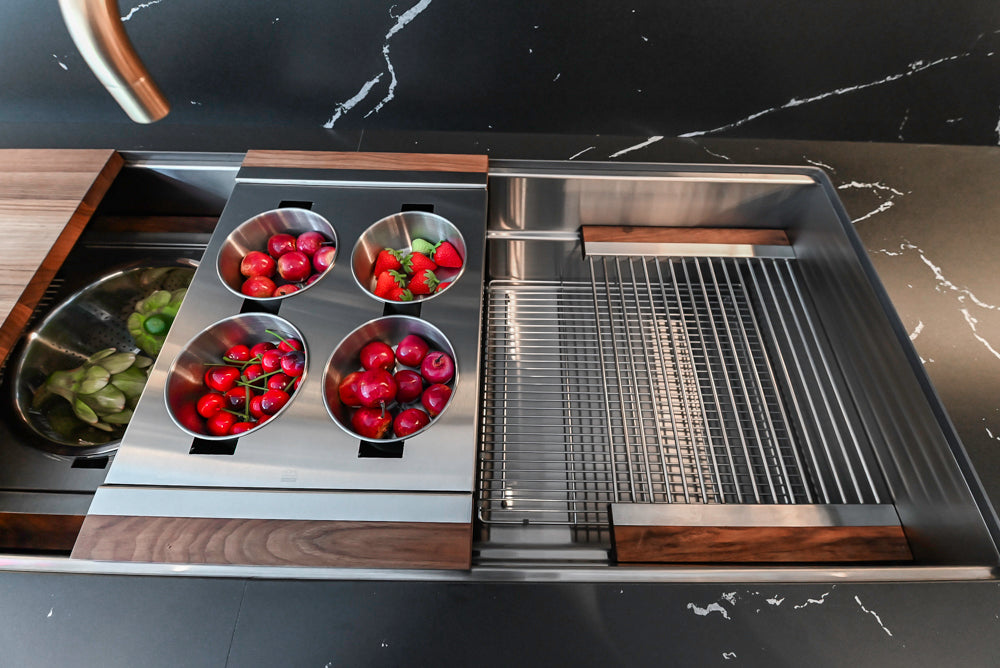 DOCA Modern Light Gold & Black Kitchen Wall Display with Neolith Countertops