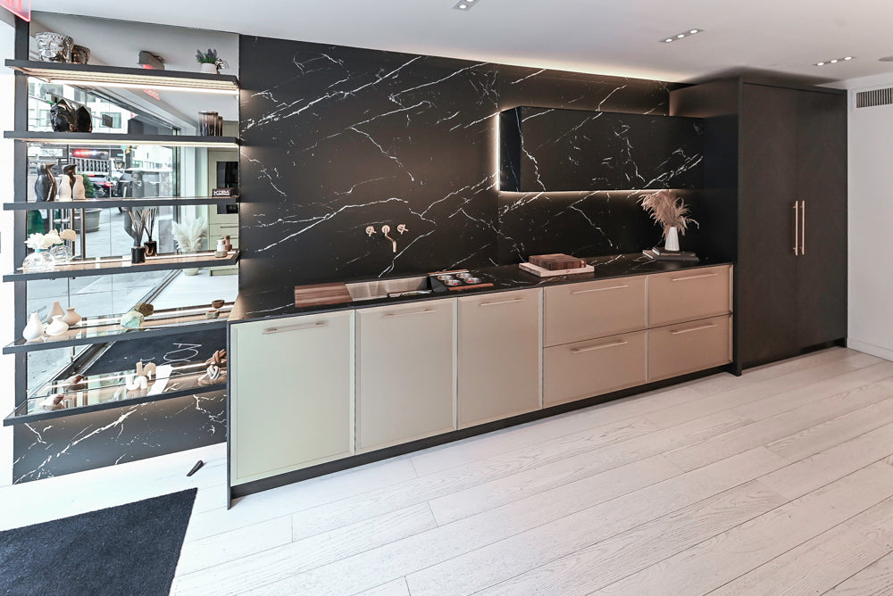 DOCA Modern Light Gold & Black Kitchen Wall Display with Neolith Countertops