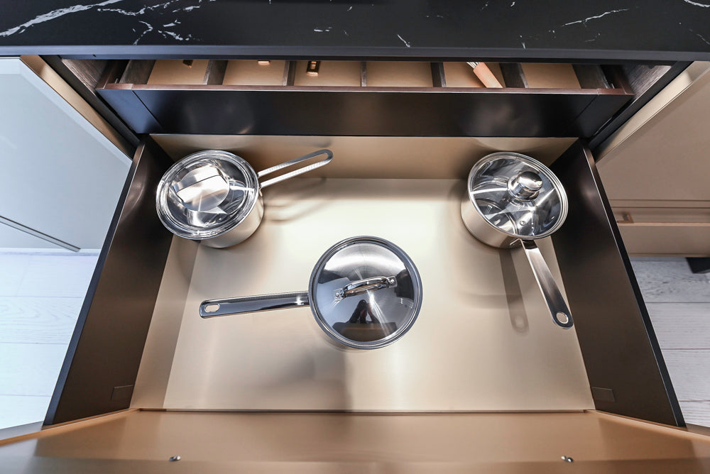 DOCA Modern Light Gold & Black Kitchen Wall Display with Neolith Countertops