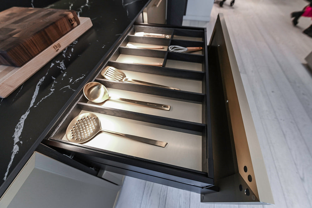 DOCA Modern Light Gold & Black Kitchen Wall Display with Neolith Countertops