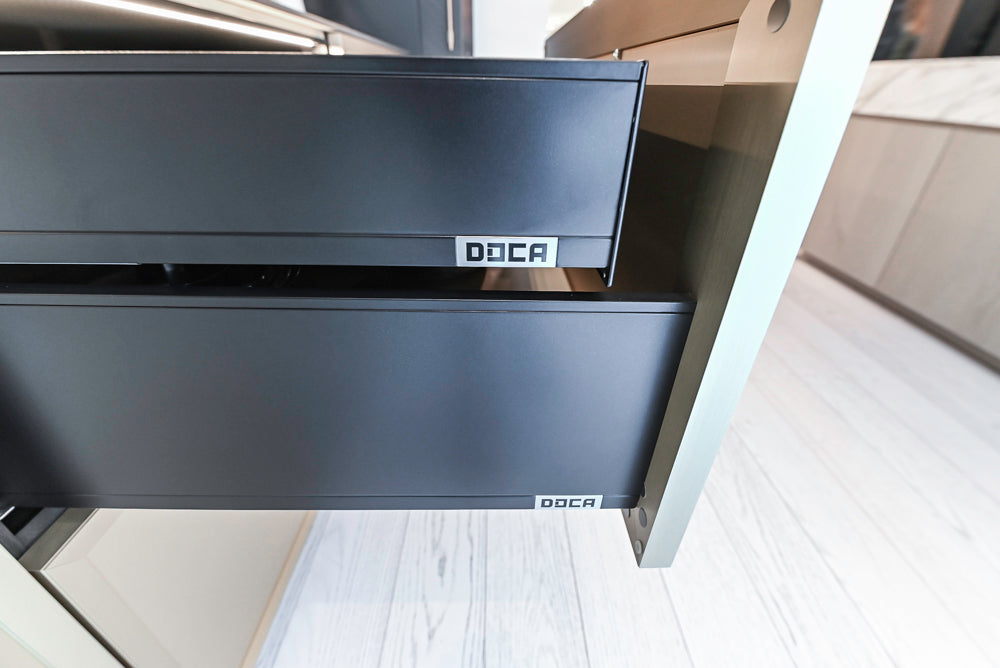 DOCA Modern Light Gold & Black Kitchen Wall Display with Neolith Countertops