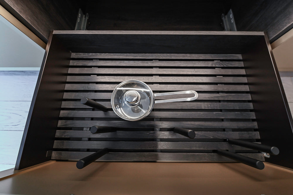 DOCA Modern Light Gold & Black Kitchen Wall Display with Neolith Countertops