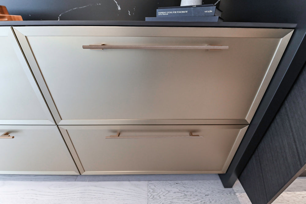 DOCA Modern Light Gold & Black Kitchen Wall Display with Neolith Countertops