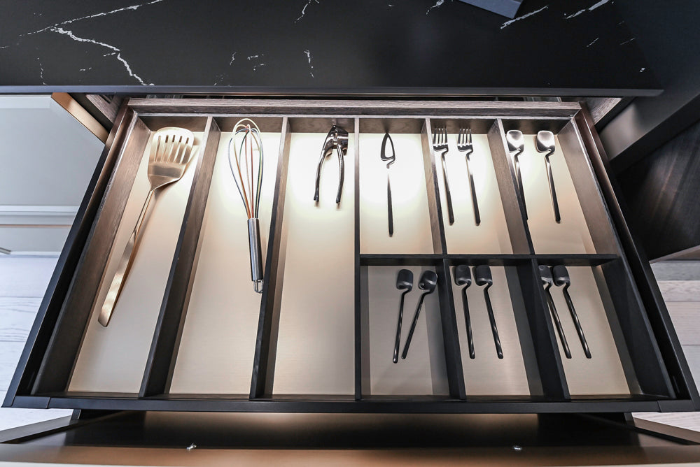 DOCA Modern Light Gold & Black Kitchen Wall Display with Neolith Countertops