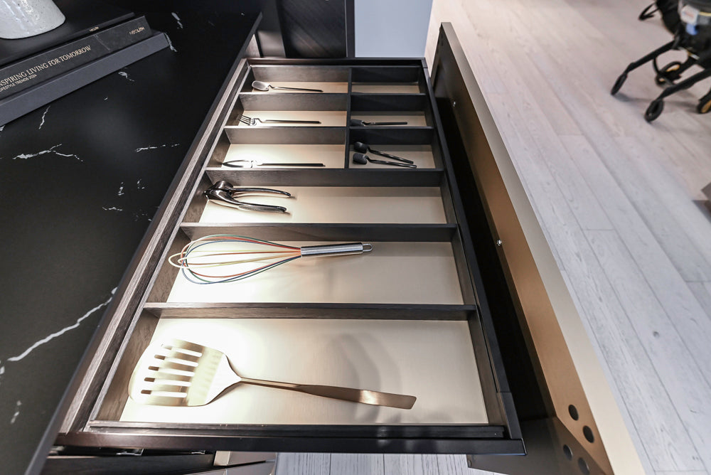 DOCA Modern Light Gold & Black Kitchen Wall Display with Neolith Countertops