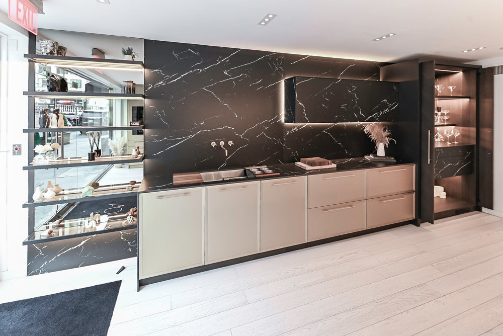 DOCA Modern Light Gold & Black Kitchen Wall Display with Neolith Countertops