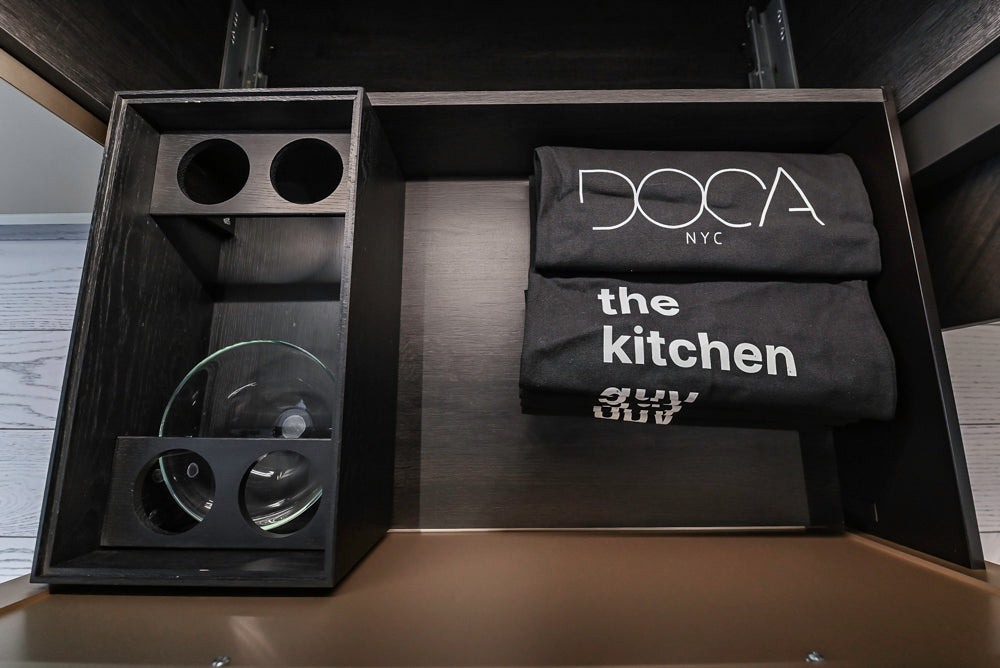 DOCA Modern Light Gold & Black Kitchen Wall Display with Neolith Countertops