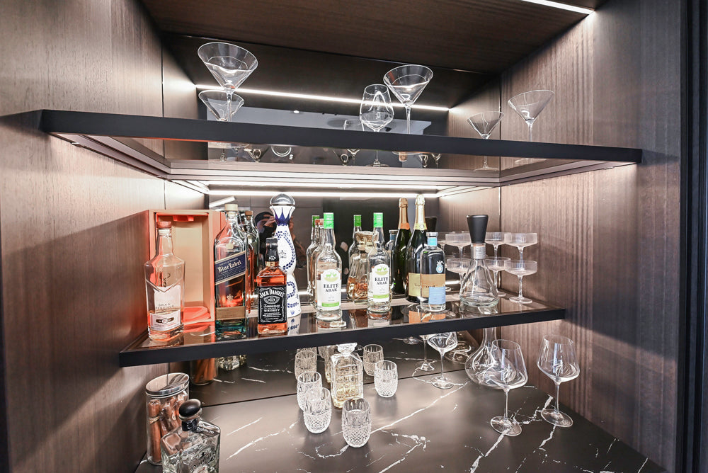 DOCA Modern Light Gold & Black Kitchen Wall Display with Neolith Countertops