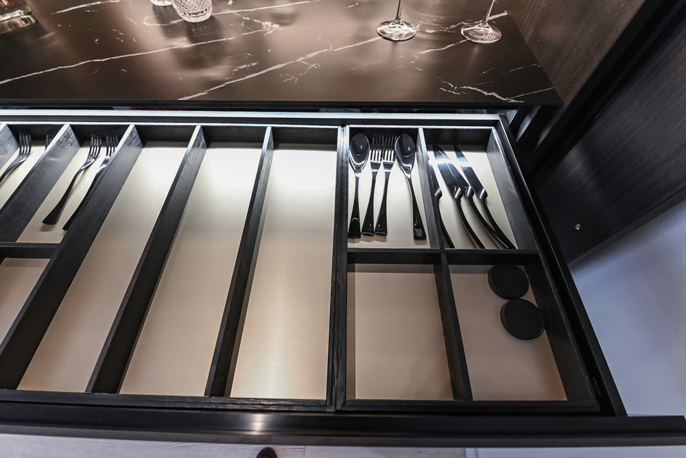 DOCA Modern Light Gold & Black Kitchen Wall Display with Neolith Countertops