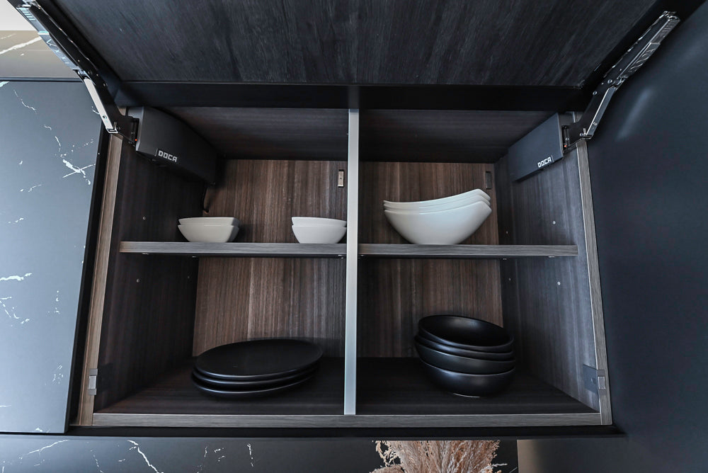 DOCA Modern Light Gold & Black Kitchen Wall Display with Neolith Countertops