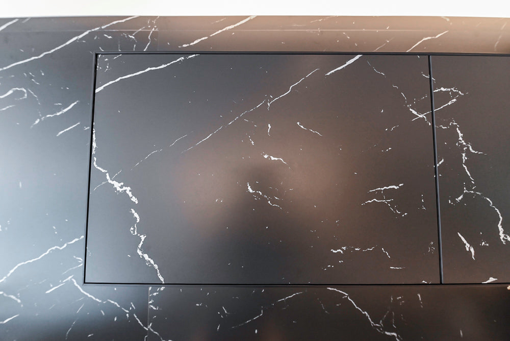 DOCA Modern Light Gold & Black Kitchen Wall Display with Neolith Countertops