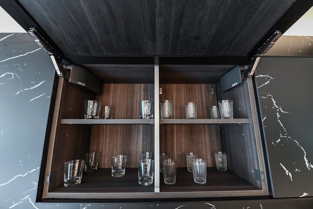 DOCA Modern Light Gold & Black Kitchen Wall Display with Neolith Countertops