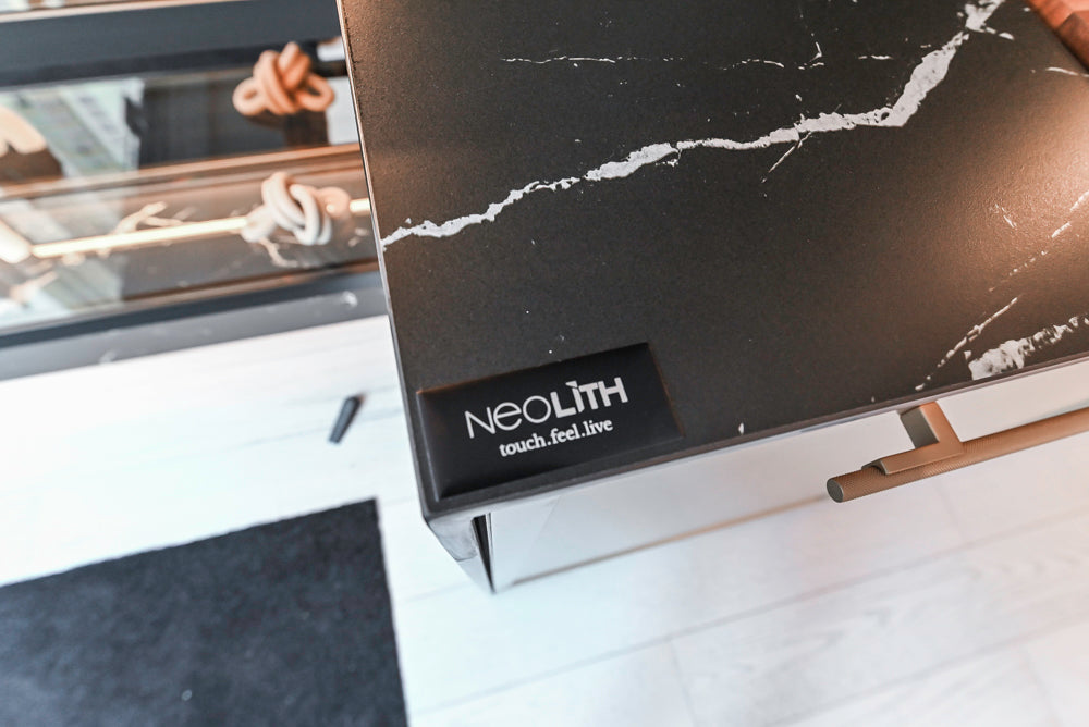 DOCA Modern Light Gold & Black Kitchen Wall Display with Neolith Countertops