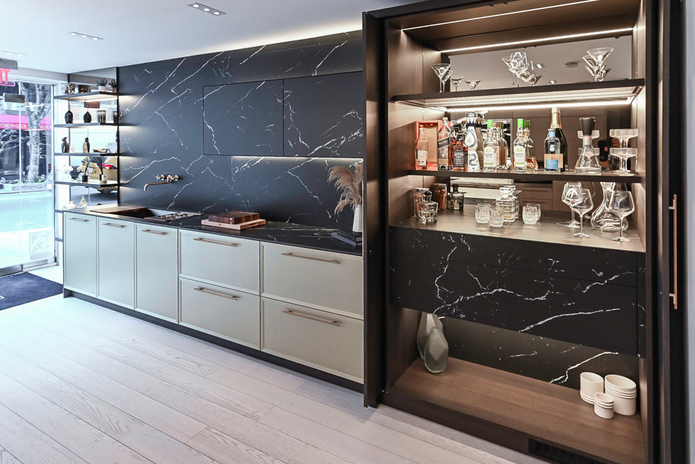 DOCA Modern Light Gold & Black Kitchen Wall Display with Neolith Countertops