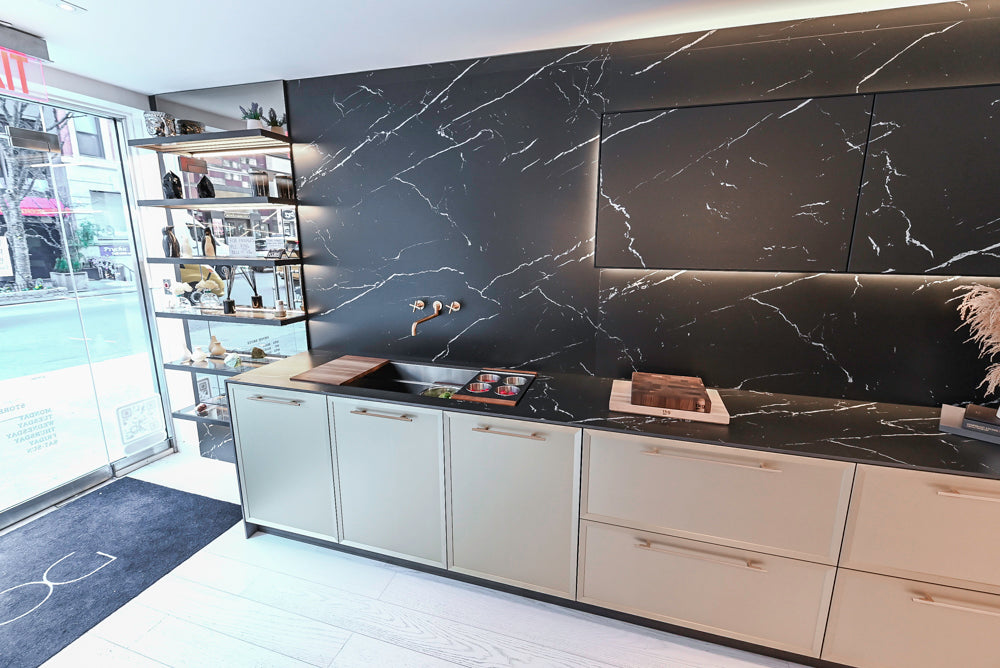 DOCA Modern Light Gold & Black Kitchen Wall Display with Neolith Countertops
