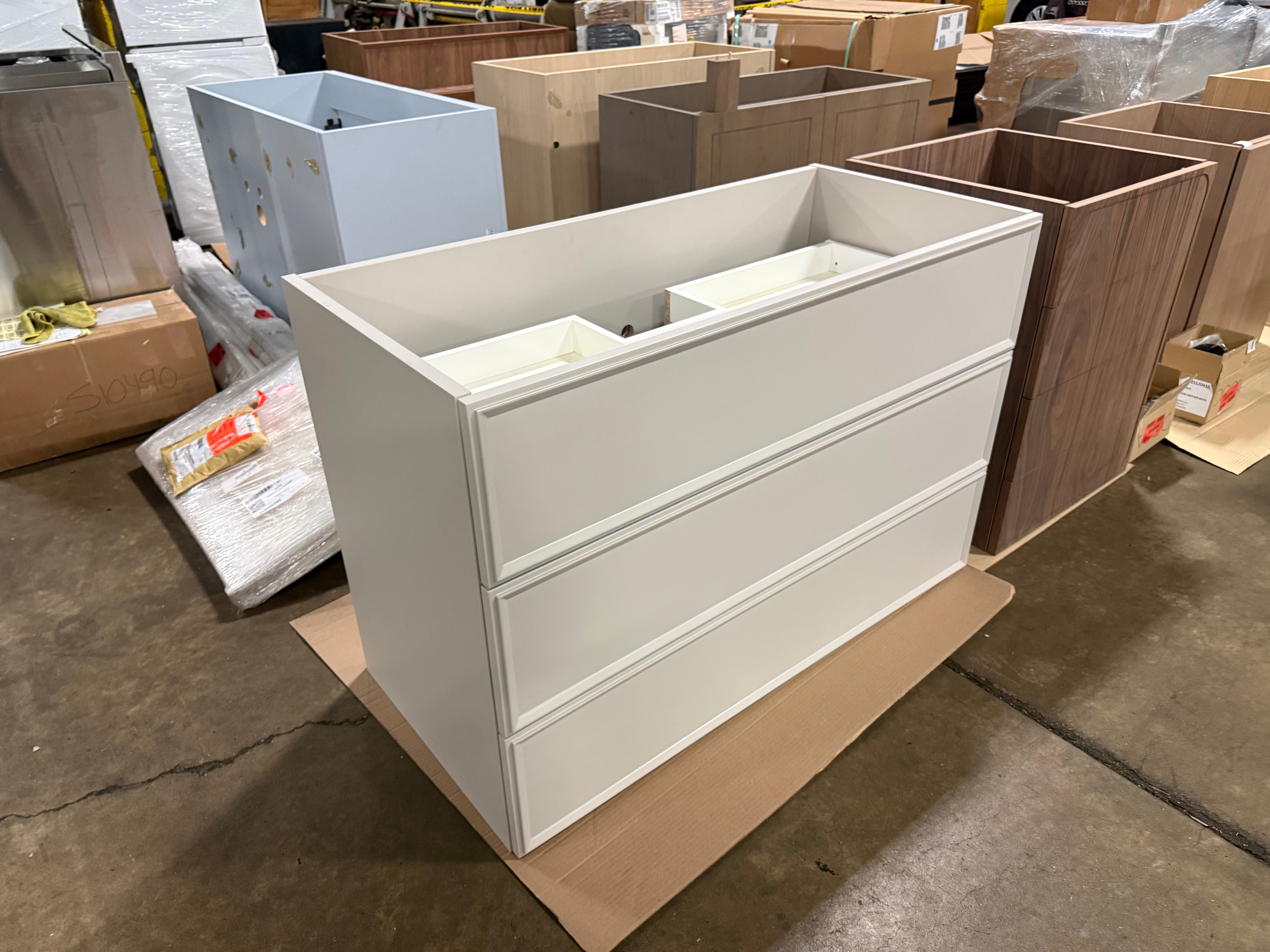 Top view of DOCA 47 inch off white vanity base showing open deck layout ready for custom stone countertop