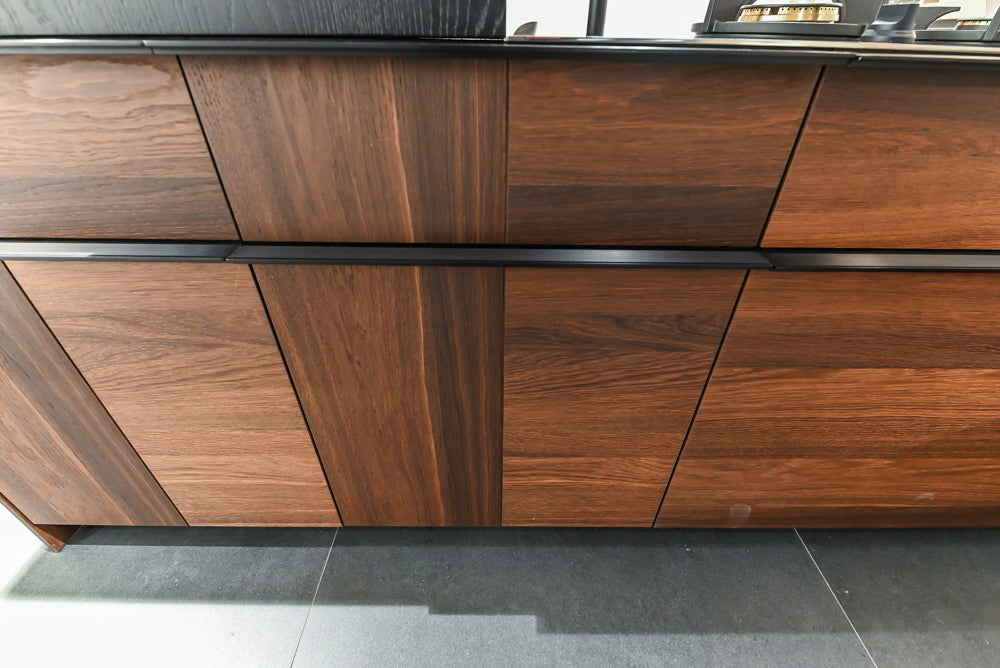 Cesar Modern Dark Wood Tone Kitchen with Black Wood Veneer Countertops and Custom Marble Sink
