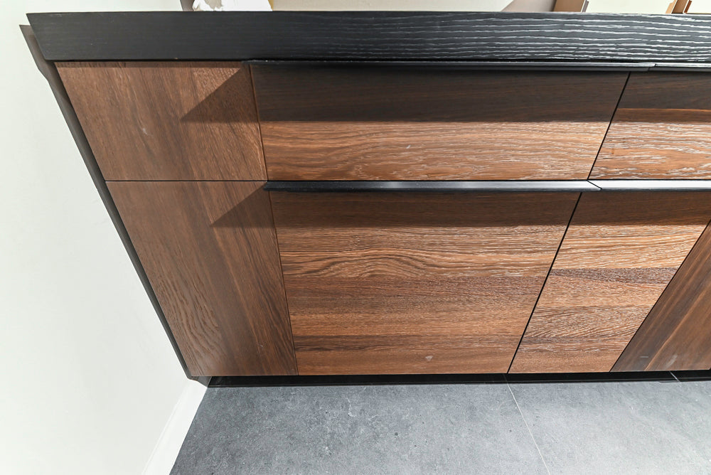 Cesar Modern Dark Wood Tone Kitchen with Black Wood Veneer Countertops and Custom Marble Sink