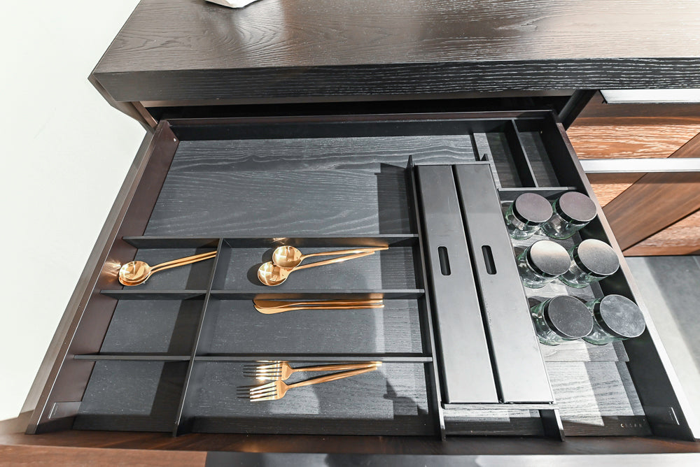 Cesar Modern Dark Wood Tone Kitchen with Black Wood Veneer Countertops and Custom Marble Sink