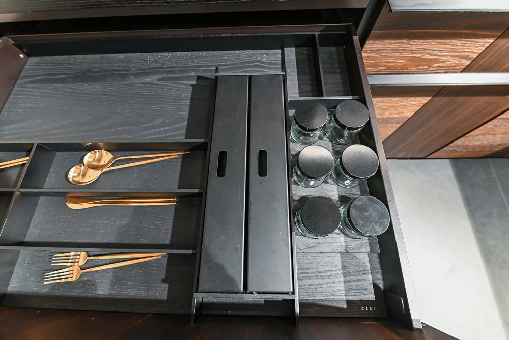 Cesar Modern Dark Wood Tone Kitchen with Black Wood Veneer Countertops and Custom Marble Sink