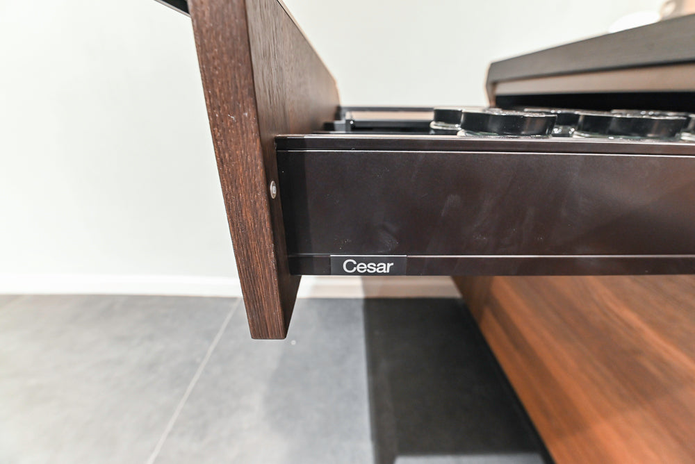 Cesar Modern Dark Wood Tone Kitchen with Black Wood Veneer Countertops and Custom Marble Sink