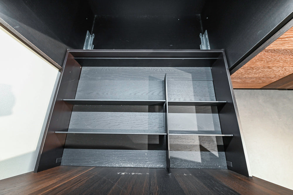 Cesar Modern Dark Wood Tone Kitchen with Black Wood Veneer Countertops and Custom Marble Sink