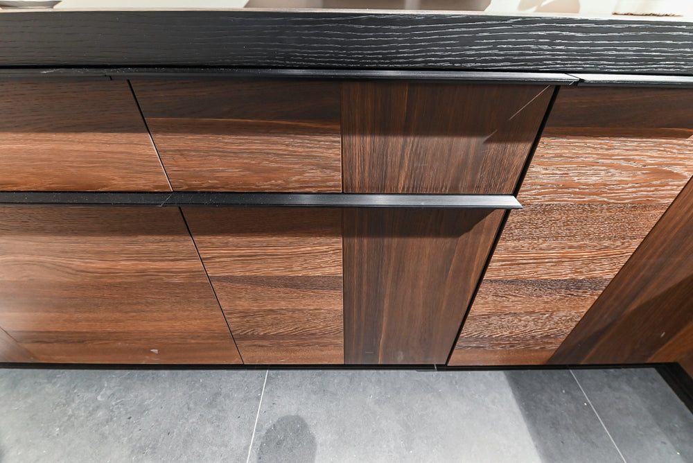 Cesar Modern Dark Wood Tone Kitchen with Black Wood Veneer Countertops and Custom Marble Sink