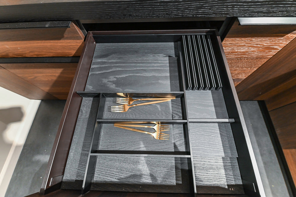 Cesar Modern Dark Wood Tone Kitchen with Black Wood Veneer Countertops and Custom Marble Sink