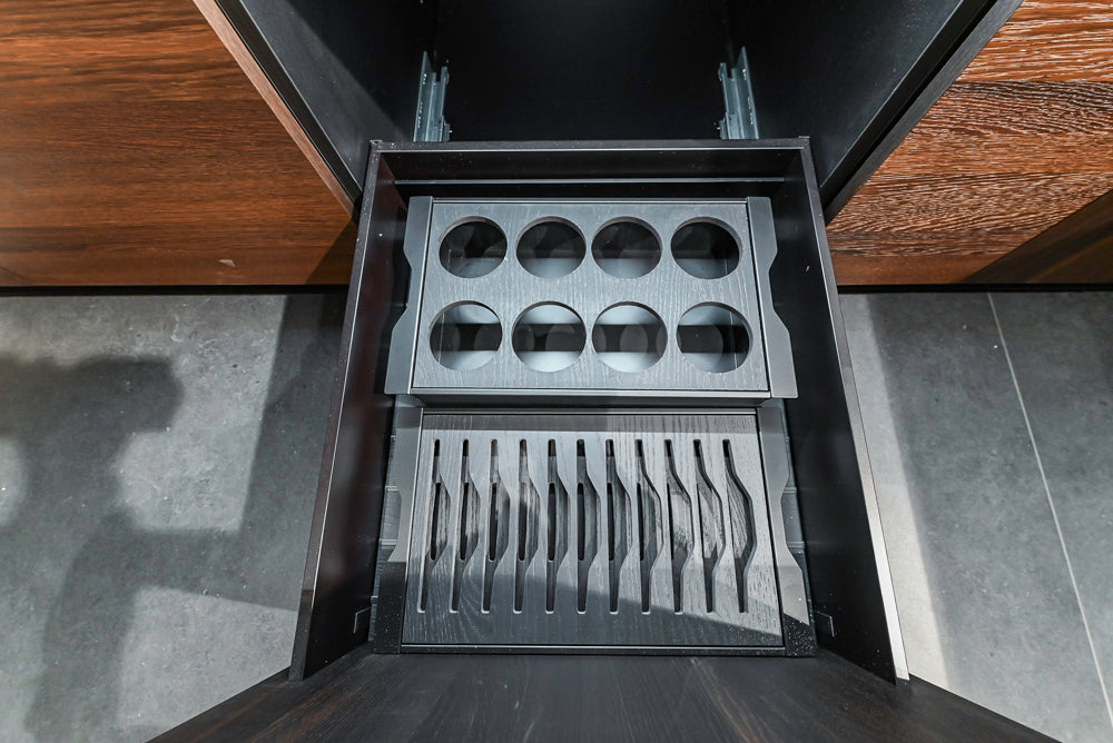 Cesar Modern Dark Wood Tone Kitchen with Black Wood Veneer Countertops and Custom Marble Sink