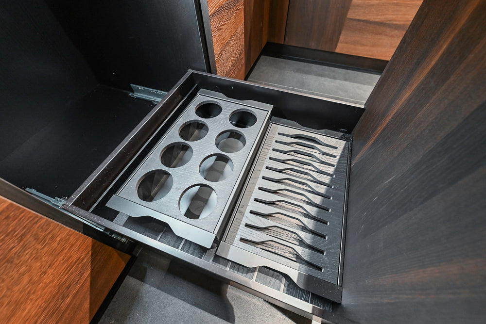 Cesar Modern Dark Wood Tone Kitchen with Black Wood Veneer Countertops and Custom Marble Sink