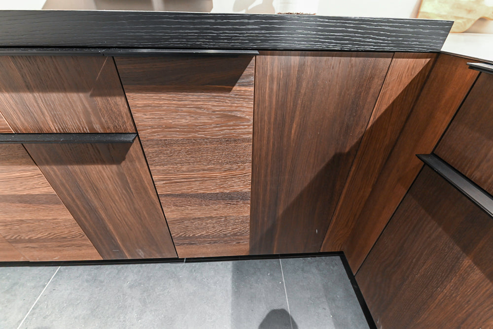 Cesar Modern Dark Wood Tone Kitchen with Black Wood Veneer Countertops and Custom Marble Sink