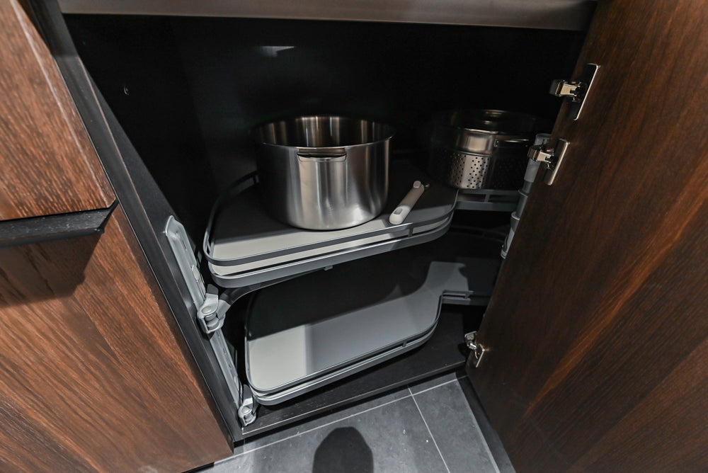 Cesar Modern Dark Wood Tone Kitchen with Black Wood Veneer Countertops and Custom Marble Sink