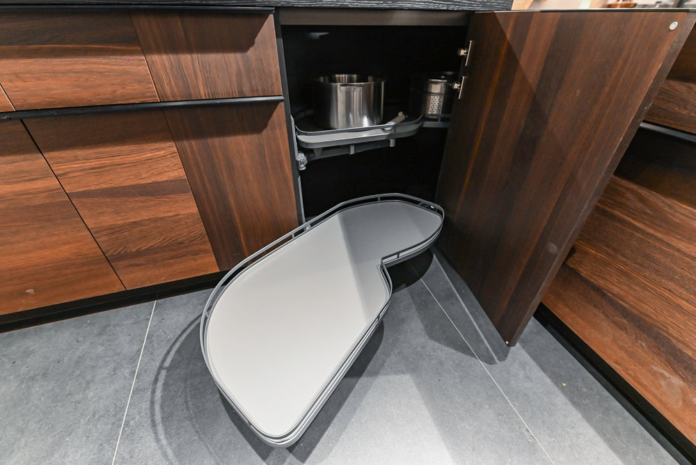 Cesar Modern Dark Wood Tone Kitchen with Black Wood Veneer Countertops and Custom Marble Sink