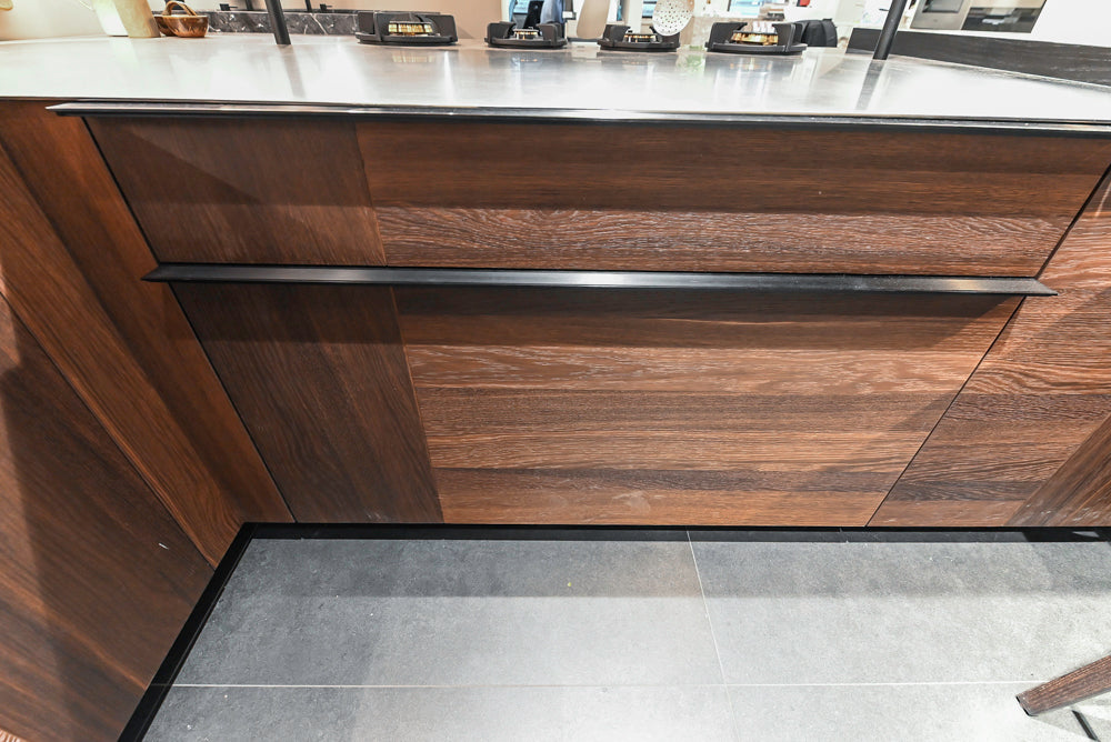 Cesar Modern Dark Wood Tone Kitchen with Black Wood Veneer Countertops and Custom Marble Sink