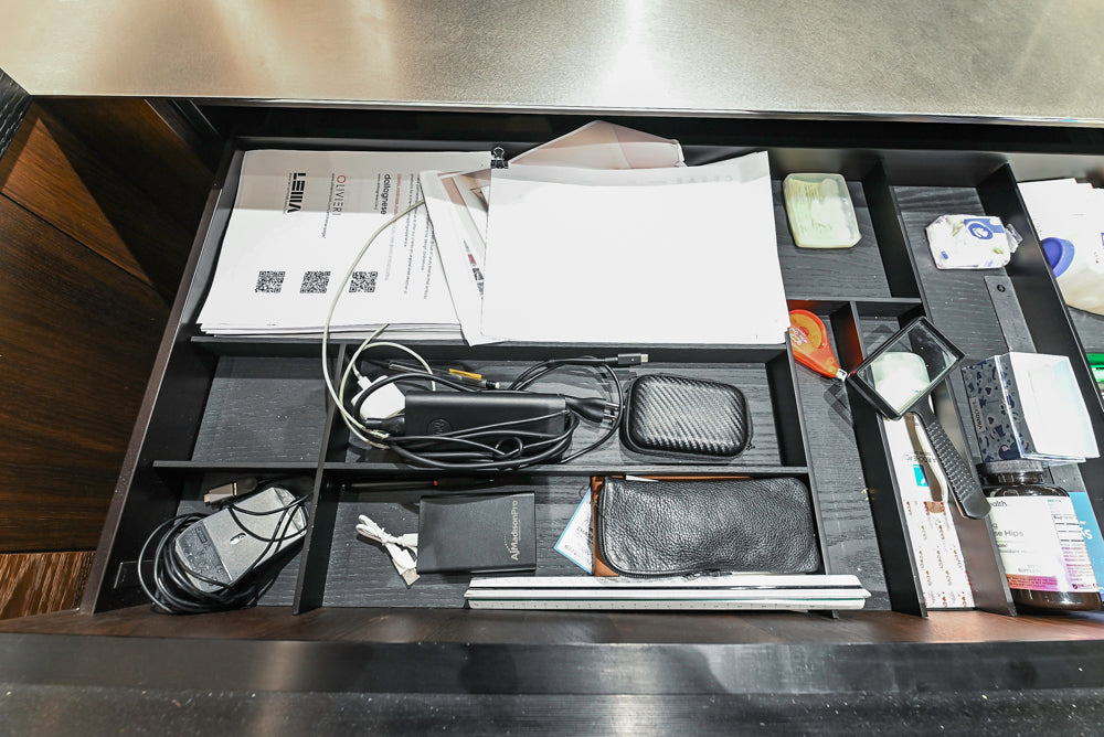 Cesar Modern Dark Wood Tone Kitchen with Black Wood Veneer Countertops and Custom Marble Sink