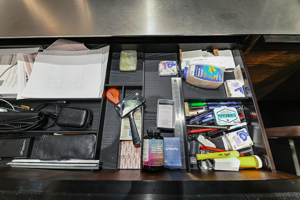 Cesar Modern Dark Wood Tone Kitchen with Black Wood Veneer Countertops and Custom Marble Sink