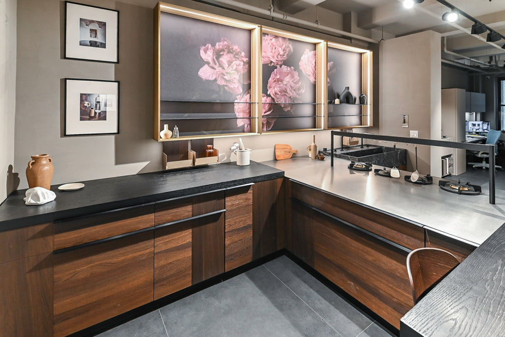 Cesar Modern Dark Wood Tone Kitchen with Black Wood Veneer Countertops and Custom Marble Sink