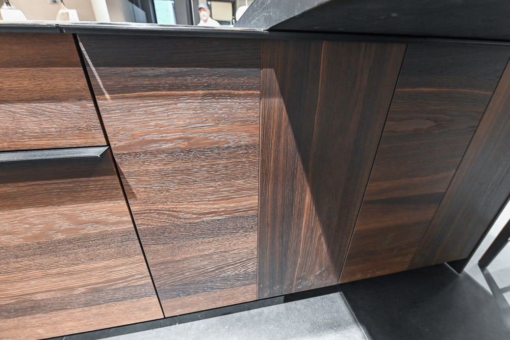 Cesar Modern Dark Wood Tone Kitchen with Black Wood Veneer Countertops and Custom Marble Sink