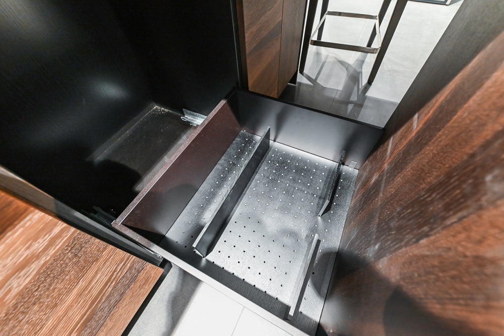 Cesar Modern Dark Wood Tone Kitchen with Black Wood Veneer Countertops and Custom Marble Sink