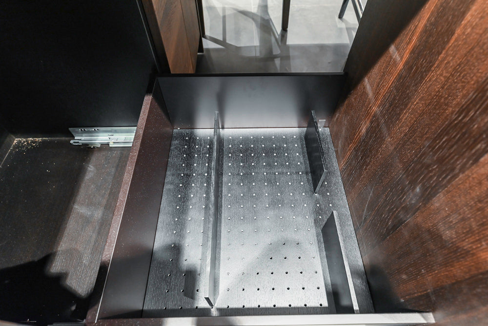 Cesar Modern Dark Wood Tone Kitchen with Black Wood Veneer Countertops and Custom Marble Sink